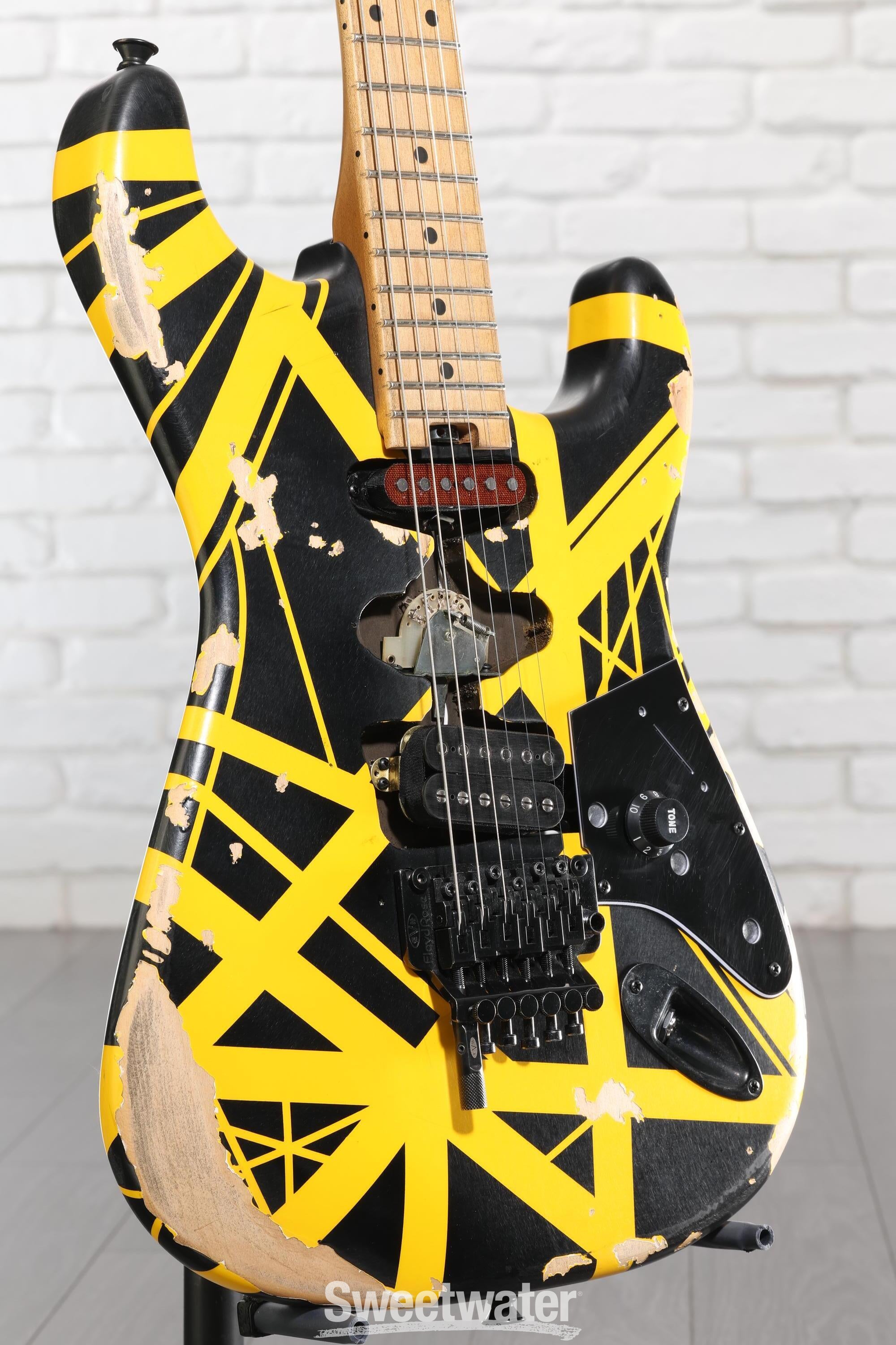 Photo of EVH Striped Series Frankenstein Frankie Electric Guitar - Black with Yellow Stripes, Relic