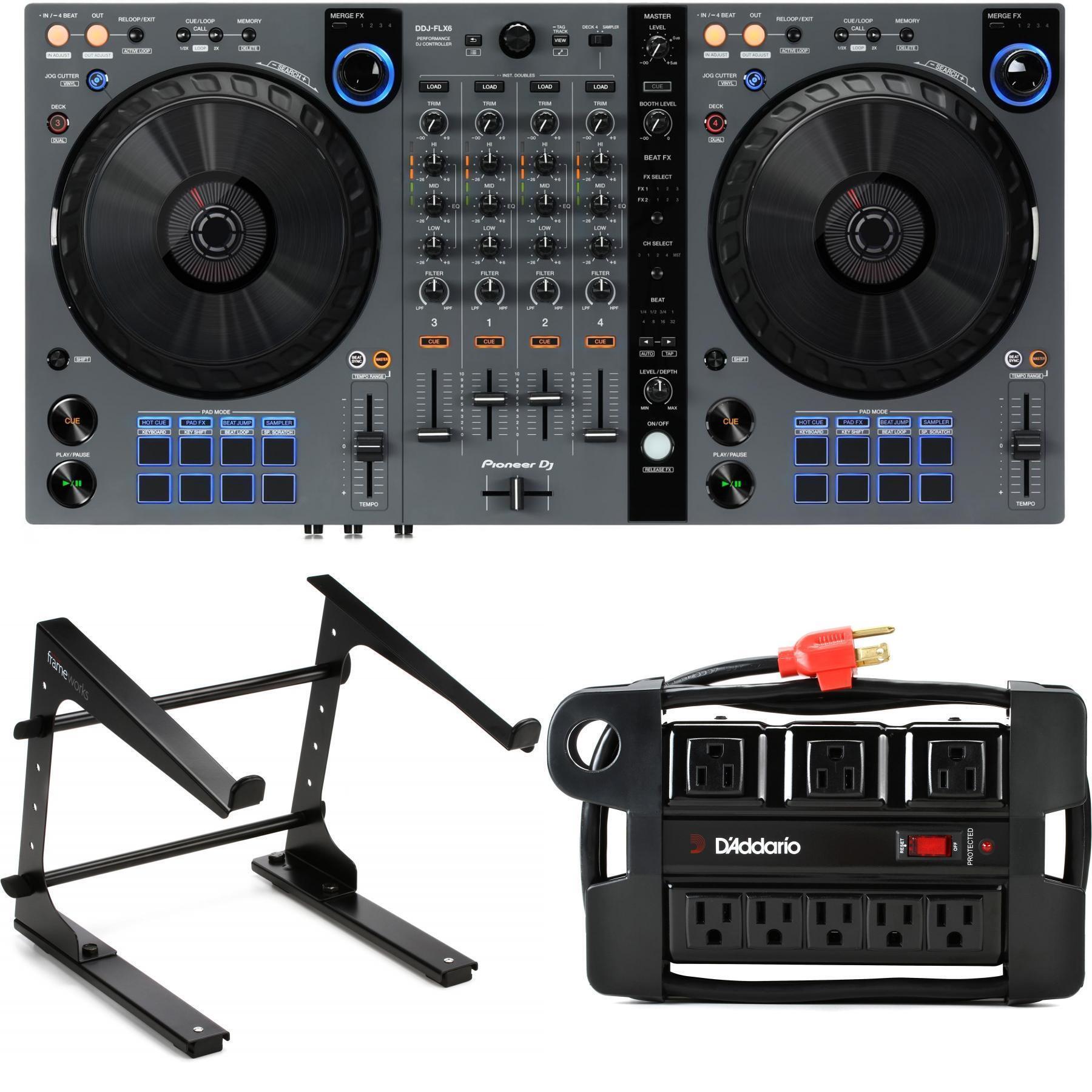 Pioneer DJ DDJ-FLX6-GT 4-deck Rekordbox and Serato DJ Controller with  Laptop Stand and Power Block