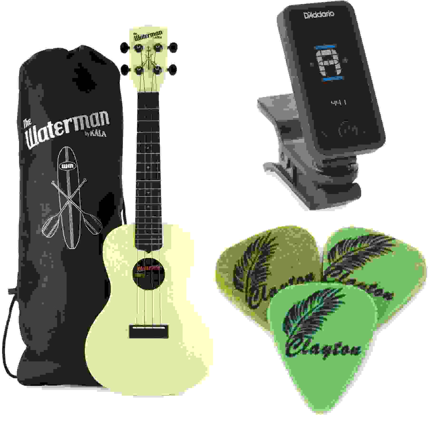 Kala The Waterman Concert Ukulele Essentials Bundle - Starlight Yellow, Glow in the Dark