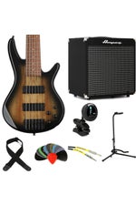 Photo of Ibanez Gio GSR206SMNGT Bass Guitar and Ampeg Rocket Amp Essentials Bundle - Spalted Maple Top Natural Grey Burst