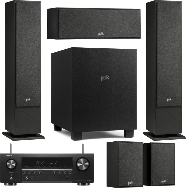 Denon AVR-S670H 75-watt, 5.2-channel 8K A/V Receiver and Polk Speaker 5.1 Home Theater Bundle - Black
