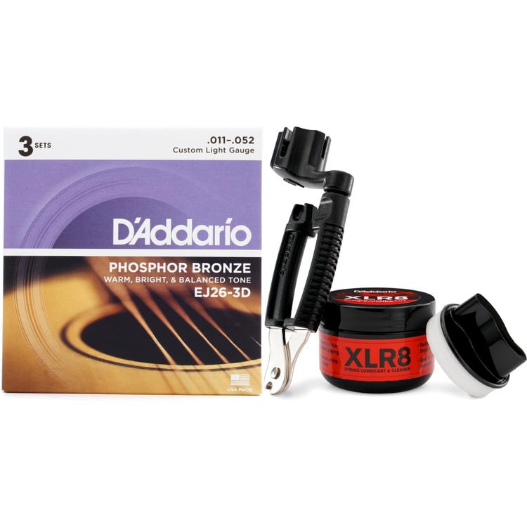 D'Addario EJ26 Phosphor Bronze Acoustic Guitar Strings - .011-.052 Custom Light (3-pack) Care Bundle