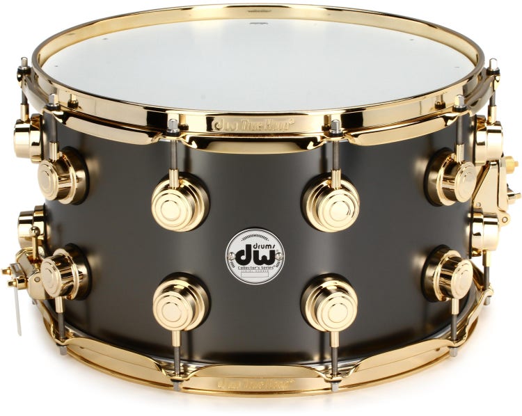 DW Collector's Series Metal Snare Drum - 8 inch x 14 inch, Satin Black Over Brass - Gold Hardware