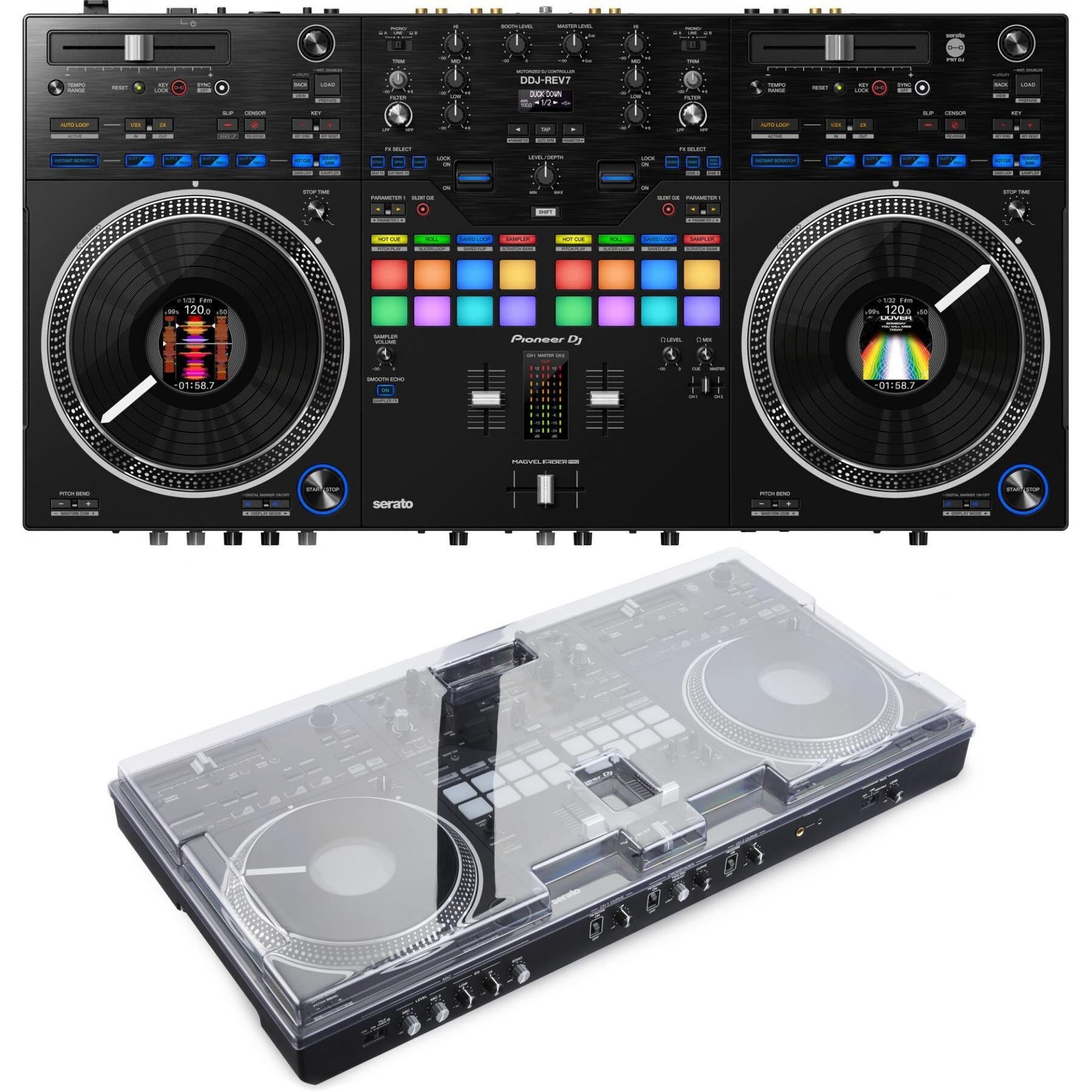 Pioneer DJ DDJREV7 2deck Serato DJ Controller with Decksaver Cover
