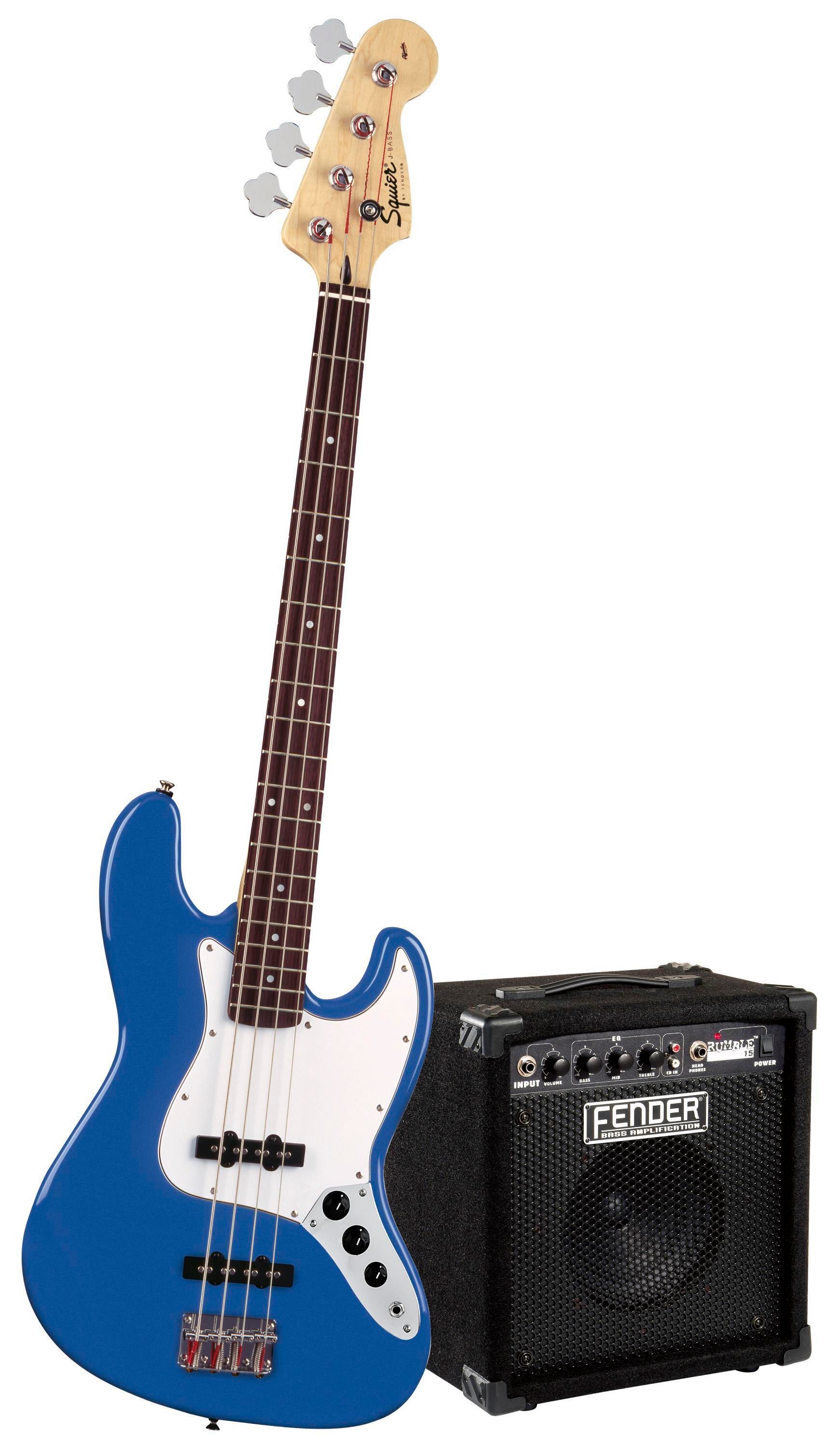 Squier Jazz Bass Pack with Rumble 15 Amplifier Metallic Blue Sweetwater