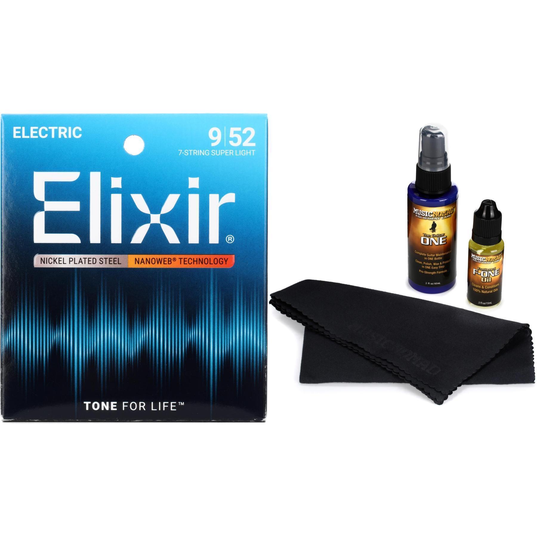 Photo of Elixir Strings 12007 Nanoweb Electric Guitar Strings with Guitar Care Kit - .009-.052 Super Light 7-string