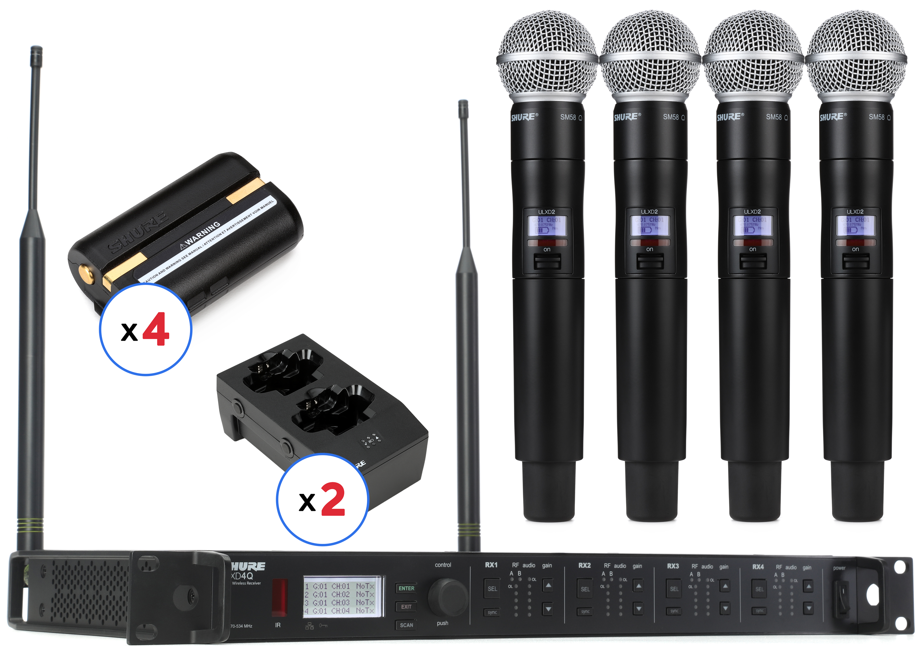 Shure ULXD4Q Quad Wireless System with SM58 Handheld Transmitters - G57 Band