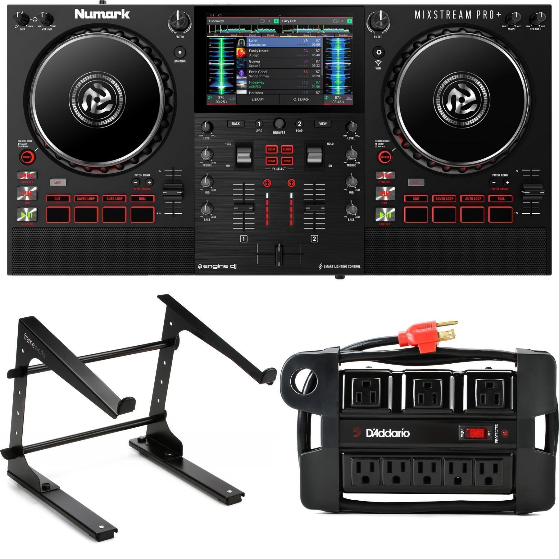 Numark Mixstream Pro + 2-deck Standalone DJ Controller with Laptop Stand  and Power Block