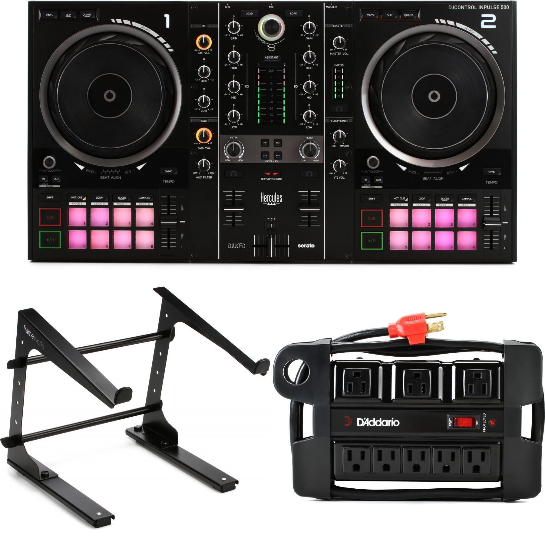 Hercules DJ DJControl Inpulse 500 2-channel DJ Controller with Laptop Stand  and Power Block